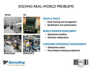 RETAIL T&L
WAREHOUSE WORKFORCE
TRACK & TRACE
• Asset tracking and management
• Identification and authentication
MOBILE WORKER ENABLEMENT
• Operational workflow
• Real-time collaboration
CONSUMER EXPERIENCE ENHANCEMENT
• Salesperson assist
• Personalized marketing enablement
SOLVING REAL-WORLD PROBLEMS
 