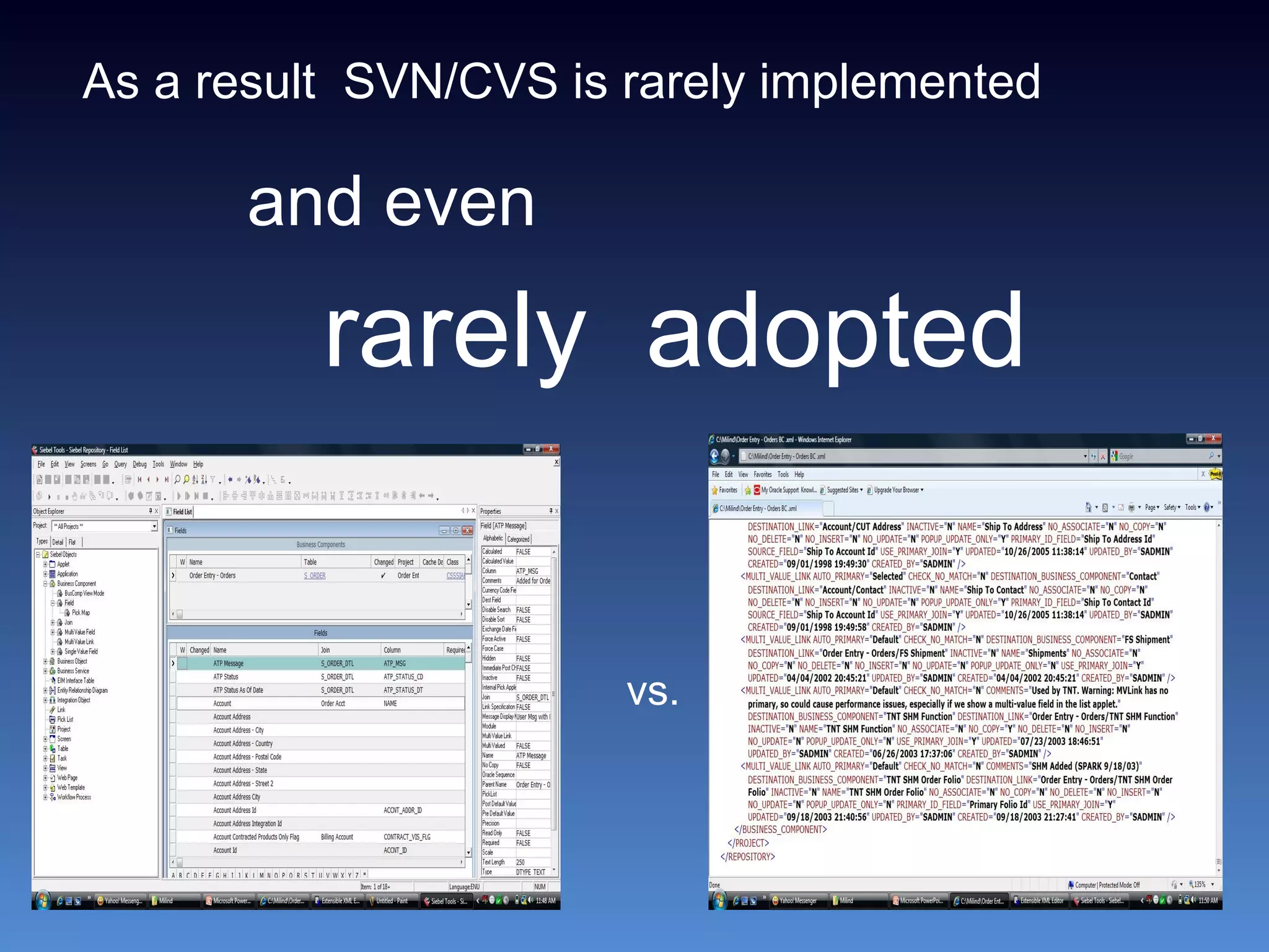 As a result SVN/CVS is rarely implemented
and even
rarely adopted
vs.
 