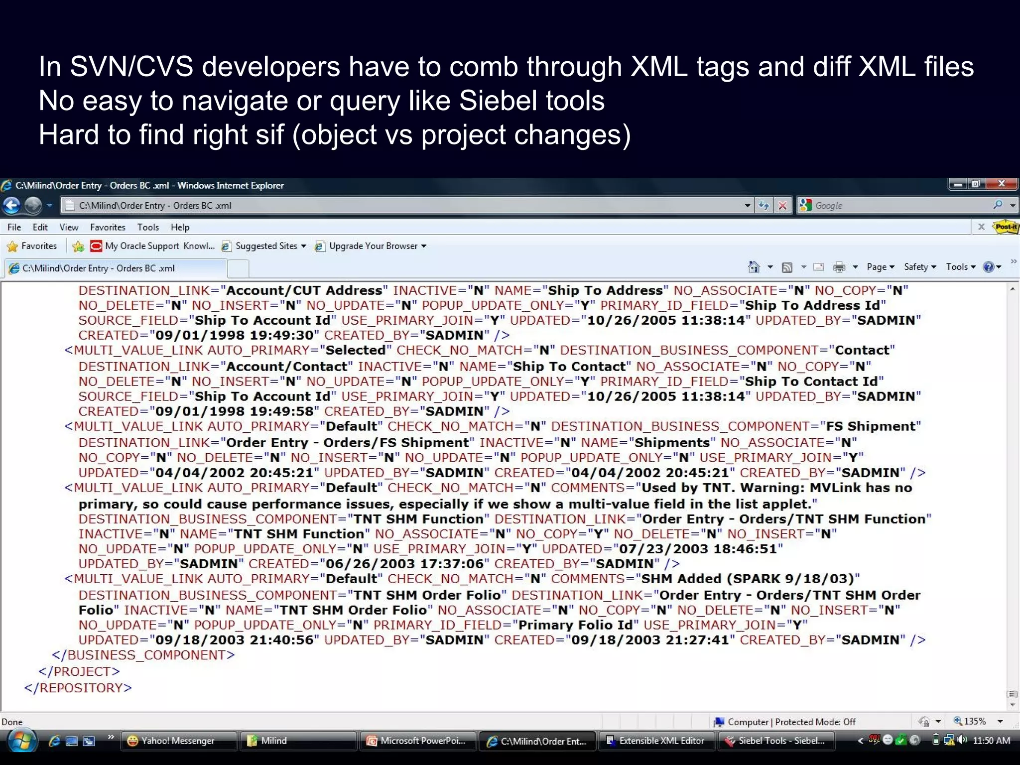 In SVN/CVS developers have to comb through XML tags and diff XML files
No easy to navigate or query like Siebel tools
Hard to find right sif (object vs project changes)
 