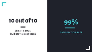 CLIENT'S LOVE
OUR ON TIME SERVICES
10outof10 99%
SATISFACTION RATE
 