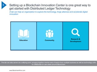 www.BlockchainWorx.com
5 Setting up a Blockchain Innovation Center is one great way to
get started with Distributed Ledger Technology
The lab can also server as a rallying point, bringing together diverse sets of teams from multiple business as well as technology units
to collaborate on use cases around Blockchain
A lab can help an organization to explore the technology, forge alliances and accelerate digital
innovation
 