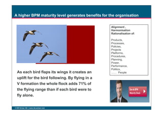 A higher BPM maturity level generates benefits for the organisation
Alignment ,
Harmonisation
Rationalisation of:
Products,
Processes,
Policies,
Projects
Platforms,
Procedures,
© IDS Scheer AG www.ids-scheer.com
As each bird flaps its wings it creates an
uplift for the bird following. By flying in a
V formation the whole flock adds 71% of
the flying range than if each bird were to
fly alone.
Procedures,
Planning,
Power,
Performance,
Politics,
…… People
 