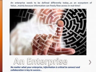 An enterprise needs to be defined differently today…as an ecosystem of
Value…mainly because information can freely flow across in real-time!
No matter what your enterprise, Information is critical to connect and
collaboration is key to success…
 