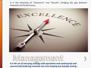 It is the balancing of “Outcomes” and “Results”…bridging the gap between
Potential and Performance.
It is the art of marrying strategy with operations and continuously and
concurrently brokering renewal; not score keeping but actually scoring…
 