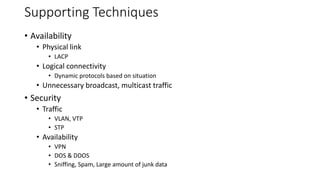 Supporting Techniques
• Availability
• Physical link
• LACP
• Logical connectivity
• Dynamic protocols based on situation
• Unnecessary broadcast, multicast traffic
• Security
• Traffic
• VLAN, VTP
• STP
• Availability
• VPN
• DOS & DDOS
• Sniffing, Spam, Large amount of junk data
 