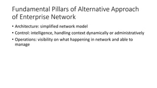 Fundamental Pillars of Alternative Approach
of Enterprise Network
• Architecture: simplified network model
• Control: intelligence, handling context dynamically or administratively
• Operations: visibility on what happening in network and able to
manage
 