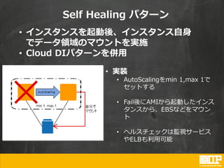 Self Healing パターン
• インスタンスを起動後、インスタンス自身
でデータ領域のマウントを実施
• Cloud DIパターンを併用
• 実装
• AutoScalingをmin 1,max 1で
セットする
• Fail後にAMIから起動したインス
タンスから、EBSなどをマウン
ト
• ヘルスチェックは監視サービス
やELBも利用可能
 