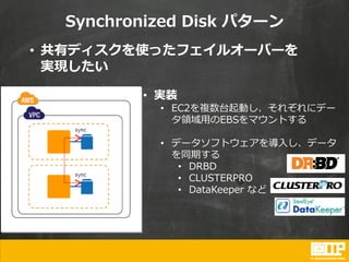 Synchronized Disk パターン
• 共有ディスクを使ったフェイルオーバーを
実現したい
• 実装
• EC2を複数台起動し、それぞれにデー
タ領域用のEBSをマウントする
• データソフトウェアを導入し、データ
を同期する
• DRBD
• CLUSTERPRO
• DataKeeper など
 