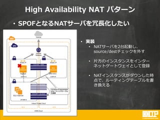 High Availability NAT パターン
• SPOFとなるNATサーバを冗長化したい
• 実装
• NATサーバを2台起動し、
source/destチェックを外す
• 片方のインスタンスをインター
ネットゲートウェイとして登録
• NATインスタンスがダウンした時
点で、ルーティングテーブルを書
き換える
 