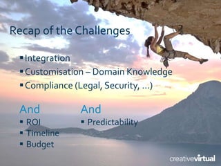 Recap of the Challenges
Integration
Customisation – Domain Knowledge
Compliance (Legal, Security, …)
And
 ROI
 Timeli...