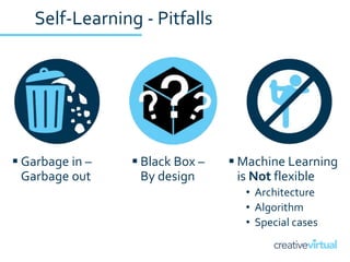 Self-Learning - Pitfalls
 Machine Learning
is Not flexible
• Architecture
• Algorithm
• Special cases
 Black Box –
By de...
