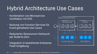 | CODEx Speakers Night | Enterprise Cloud-native ist das "Neue Normal" | @LeanderReimer #cloudnativenerd #qaware
Hybrid Architecture Use Cases
• Kombination von Microservice
Architektur mit EDA
• Nutzung von Function Services für
Event-getriebene Use Cases
• Reduzierter Ressourcen-Verbrauch
per Scale-to-Zero
• Integration in bestehende Enterprise
PaaS Umgebung
26
Shared Enterprise PaaS
Microservices
Function Services FaaS Platform
X Y ZF1 F2 Fn
DevOps
S1 S2 Sn L M T
 