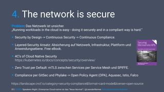 | CODEx Speakers Night | Enterprise Cloud-native ist das "Neue Normal" | @LeanderReimer #cloudnativenerd #qaware
4. The network is secure
Problem: Das Netzwerk ist unsicher.  
„Running workloads in the cloud is easy - doing it securely and in a compliant way is hard.“
• Security by Design -> Continuous Security -> Continuous Compliance.
• Layered-Security Ansatz: Absicherung auf Netzwerk, Infrastruktur, Plattform und
Anwendungsebene. Free eBook.
• 4C’s of Cloud Native Security 
https://kubernetes.io/docs/concepts/security/overview/
• Zero Trust per Default: mTLS zwischen Services per Service Mesh und SPIFFE.
• Compliance per GitSec und Phylake -> Open Policy Agent (OPA), Aquasec, Istio, Falco
33
https://landscape.cncf.io/category=security-compliance&format=card-mode&license=open-source
 