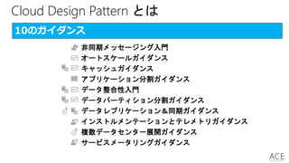10のガイダンス
非同期メッセージング入門
オートスケールガイダンス
キャッシュガイダンス
アプリケーション分割ガイダンス
データ整合性入門
データパーティション分割ガイダンス
データレプリケーション＆同期ガイダンス
インストルメンテーションとテレメトリガイダンス
複数データセンター展開ガイダンス
サービスメータリングガイダンス
Cloud Design Pattern とは
 