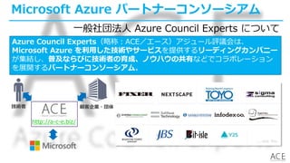 Microsoft Azure パートナーコンソーシアム
Azure Council Experts（略称：ACE／エース）アジュール評議会は、
Microsoft Azure を利用した技術やサービスを提供するリーディングカンパニー
が集結し、普及ならびに技術者の育成、ノウハウの共有などでコラボレーション
を展開するパートナーコンソーシアム。
顧客企業・団体技術者
一般社団法人 Azure Council Experts について
http://a-c-e.biz/
 