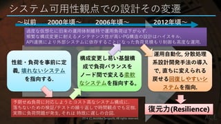システム可用性観点での設計その変遷
性能・負荷を事前に定
義, 壊れないシステム
を指向する.
構成変更し易い基盤構
成で負荷バランスを
ノード間で変える柔軟
なシステムを指向する。
運用自動化, 分散処理
系設計開発手法の導入
で, 直ちに変えられる
戻せる回復しやすいシ
ステムを指向.
～以前 2012年頃～2000年頃～
予期せぬ負荷に対応しようとコスト高なシステム構成に.
落ちないための検証/テストの繰り返しで時間観点でも足枷.
実際に負荷問題が発生, それは 時既に遅しの合図.
過度な仮想化に旧来の運用体制維持で運用負荷は下がらず.
頻繁な構成変更に耐えるメンテナンス性が高いPG構造の設計はハイスキル.
API連携により外部システムに依存することになった負荷見積もり制御も高度な運用.
復元力(Resilience)
2006年頃～
2014 (C) Arichika Taniguchi, All rights reserved.
 