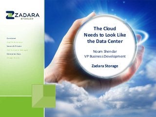 Consistent
High Performance

The Cloud
Needs to Look Like
the Data Center

Secure & Private
End-Customer Managed
Enterprise-Class
Charge Hourly

Noam Shendar
VP Business Development

Zadara Storage

 