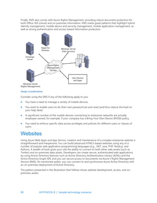 90 APPENDIX B | Sample technology scenarios
Finally, EMS also comes with Azure Rights Management, providing robust document protection for
both Office 365 (cloud) and on-premises information. EMS marks great patterns that highlight hybrid
identity management, mobile device and security management, mobile application management, as
well as strong authentication and access-based information protection.
Design considerations
Consider using the EMS if any of the following apply to you:
 You have a need to manage a variety of mobile devices.
 You want to enable users to do their own password set and reset (and thus reduce the load on
your help desk).
 A significant number of the mobile devices connecting to enterprise networks are actually
employee-owned; for example, if your company has a Bring Your Own Device (BYOD) policy.
 You need to enforce specific data access privileges and policies for different users or classes of
users.
Websites
Using Azure Web Apps and App Service, creation and maintenance of a complex enterprise website is
straightforward and inexpensive. You can build advanced HTML5-based websites using any of a
number of popular web application programming languages (e.g., .NET, Java, PHP, Node.js, and
Python). A wealth of tools gives your site the ability to connect to both other web assets (such as
Twitter) and on-premises data assets. Developers can create secure, authenticated web applications
by using Active Directory features such as Active Directory Authentication Library (ADAL) and the
Active Directory Graph API, and you can secure access to documents via Azure’s Rights Management
Service (RMS). As mentioned earlier, you can connect to and synchronize Azure Active Directory with
an on-premises deployment of Active Directory.
The pattern presented in the illustration that follows shows website development, access, and on-
premises assets.
 