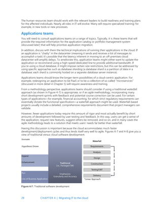 29 CHAPTER 4 | Migrating IT to the cloud
The human resources team should work with the relevant leaders to build readiness and training plans
for the affected individuals. Nearly all roles in IT will evolve. Many will require specialized training; for
example, in new tools or new processes.
Applications teams
You will need to consult applications teams on a range of topics. Typically, it is these teams that will
provide the required information for the application catalog or portfolio management system
(discussed later) that will help prioritize application migration.
In addition, discuss with them the technical implications of running their applications in the cloud. If
an application is “chatty” in the datacenter (meaning it sends and receives a lot of messages to
accomplish a task) it’s possible that the latency inherent in moving to an off-premises cloud
datacenter will amplify delays. To ameliorate this, application teams might either want to update the
application or recommend using a high-speed dedicated line to provide additional bandwidth. If
you’re using a cloud database, it might impose certain size restrictions, but this can be addressed by
using specific approaches such as database sharding (a database shard is a partition of data in a
database; each shard is commonly hosted on a separate database server instance).
Applications teams should know the longer-term possibilities of a cloud-centric application. For
example, redesigning an application to be PaaS or to be a collection of so-called “microservices”
(discussed in more detail in Chapter 5) will require awareness and training.
From a methodology perspective, applications teams should consider if using a traditional waterfall
approach (as shown in Figure 4-7) is appropriate, or if an agile methodology, incorporating many
short development sprints with feedback and potential course correction can be used. For certain
types of applications—for example, financial accounting, for which strict regulatory requirements can
essentially dictate the functional specification—a waterfall approach might be used. Waterfall-based
projects usually include a detailed, comprehensive requirements document that project managers can
validate.
However, fewer applications today require this amount of rigor and most actually benefit by short
amounts of development followed by user testing and feedback. In this way, users can get a sense of
the application, request new features, suggest others be removed, and so on, and in many cases the
agile methodology leads to a solution that meets users’ needs far better than waterfall.
Having this discussion is important because the cloud accommodates much faster
development/deployment cycles and thus lends itself very well to agile. Figures 4-7 and 4-8 give you a
view of traditional versus cloud software development.
Figure 4-7: Traditional software development
 