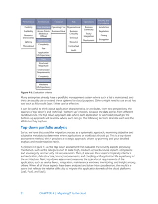 31 CHAPTER 4 | Migrating IT to the cloud
Figure 4-9: Evaluation criteria
Many enterprises already have a portfolio management system where such a list is maintained, and
they can usually use or extend these systems for cloud purposes. Others might need to use an ad hoc
tool such as Microsoft Excel. Either can be effective.
It can be useful to think about application characteristics, or attributes, from two perspectives, the
business (“top-down”) and technical (“bottom-up”) models, because the data comes from different
constituencies. The top-down approach asks where each application or workload should go; the
bottom-up approach will describe where each can go. The following sections describe each and the
attributes they capture.
Top-down portfolio analysis
So far, we have discussed the migration process as a systematic approach, examining objective and
subjective metadata to determine where applications or workloads should go. This is a top-down
assessment method, which provides a strategic approach, driven by planning and your detailed
analysis and modernization needs.
As shown in Figure 4-10, the top-down assessment first evaluates the security aspects previously
mentioned, such as the categorization of data (high, medium, or low business impact), compliance
and sovereignty, and security risk requirements. Then, it assesses the current complexity interface,
authentication, data structure, latency requirements, and coupling and application life expectancy of
the architecture. Next, top-down assessment measures the operational requirements of the
application, such as service levels, integration, maintenance windows, monitoring, and insight among
others. When all of those aspects have been analyzed and taken into consideration, the result is a
score that reflects the relative difficulty to migrate this application to each of the cloud platforms
(IaaS, PaaS, and SaaS).
 