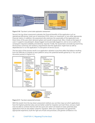 32 CHAPTER 4 | Migrating IT to the cloud
Figure 3-10: Top-down current state application assessment
Second, the top-down assessment evaluates the financial benefits of the application such as
operational efficiencies, total cost of ownership (TCO), return on investment, or any other appropriate
financial metrics. In addition, the assessment also examines the seasonality of the application (are
there times of the year when demand spikes) and overall compute load. Also, it looks at the types of
users it supports (casual/expert, always logged on/occasionally logged on, and so on) as well as the
consequent required scalability and elasticity required. Finally, the assessment concludes by examining
the business continuity and resiliency requirements that the application might have as well as
dependencies to run the application if a disruption of service occurs.
The two parts of the process result in an application valuation score that reflect the balance resulting
from the difficulty to migrate to each platform versus the potential benefit gained by it. You can see
the entire process in Figure 4-11.
Figure 4-11: Top-down assessment process
With the results from the top-down assessment method, you can then map out which applications
have the highest potential value and are better suited for migration and start there, and you might
even be able to combine that list with the quick wins which are based on lower potential value
applications that are also better suited for migration. After your organization has gained the
appropriate experience, built the right set of tools and processes, and gained confidence in its
 