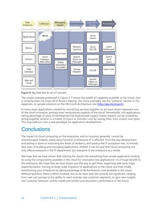 55 CHAPTER 5 | Transformation
Figure 9: Big Data flow for an IoT scenario
The simple example presented in Figure 5-7 shows the wealth of capability available in the cloud—but
it certainly does not cover all of Azure’s features. For more examples, see the “patterns” section in the
Appendix, or sample solutions on the Microsoft Architecture site (http://aka.ms/msarch).
In many ways, applications created by connecting services together as we have shown represent one
of the most innovative, perhaps even revolutionary aspects of the cloud. Remarkable, rich applications
taking advantage of years of development by experienced subject-matter experts can be created by
wiring together services in a matter of hours or minutes—not by coding them from scratch over years.
This may well turn into a new paradigm for application development.
Conclusions
The impact of cloud computing on the enterprise, and on business generally, cannot be
overestimated. Indeed, nearly every function in enterprise IT is affected, from the way development
and testing is done to improving the levels of resiliency and backup the IT ecosystem has, to entirely
new ways of building and managing applications. Indeed, it can be said that cloud computing not
only affects everyone in the IT department, but everyone in the enterprise as a whole.
We hope that we have shown that utilizing the cloud—for everything from simple application hosting
to using the componentry available in the cloud for innovative new applications—is of huge benefit to
the enterprise. We hope that we have shown you the way to get there, beginning with early stage
experimentation, moving to large-scale migration of applications to the cloud, and then finally
transforming your enterprise by taking advantage of all the features now available in the cloud.
Without question, there is effort involved, but as we have said, the rewards are significant, ranging
from real cost savings to the ability to reach entirely new customer segments, to gain new insights
into customer behavior, and to model and predict your business’s performance in the future.
 