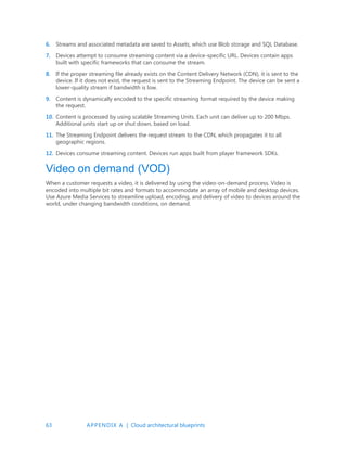 63 APPENDIX A | Cloud architectural blueprints
6. Streams and associated metadata are saved to Assets, which use Blob storage and SQL Database.
7. Devices attempt to consume streaming content via a device-specific URL. Devices contain apps
built with specific frameworks that can consume the stream.
8. If the proper streaming file already exists on the Content Delivery Network (CDN), it is sent to the
device. If it does not exist, the request is sent to the Streaming Endpoint. The device can be sent a
lower-quality stream if bandwidth is low.
9. Content is dynamically encoded to the specific streaming format required by the device making
the request.
10. Content is processed by using scalable Streaming Units. Each unit can deliver up to 200 Mbps.
Additional units start up or shut down, based on load.
11. The Streaming Endpoint delivers the request stream to the CDN, which propagates it to all
geographic regions.
12. Devices consume streaming content. Devices run apps built from player framework SDKs.
Video on demand (VOD)
When a customer requests a video, it is delivered by using the video-on-demand process. Video is
encoded into multiple bit rates and formats to accommodate an array of mobile and desktop devices.
Use Azure Media Services to streamline upload, encoding, and delivery of video to devices around the
world, under changing bandwidth conditions, on demand.
 