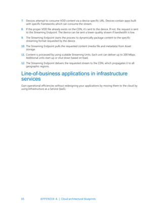 65 APPENDIX A | Cloud architectural blueprints
7. Devices attempt to consume VOD content via a device specific URL. Devices contain apps built
with specific frameworks which can consume the stream.
8. If the proper VOD file already exists on the CDN, it’s sent to the device. If not, the request is sent
to the Streaming Endpoint. The device can be sent a lower-quality stream if bandwidth is low.
9. The Streaming Endpoint starts the process to dynamically package content to the specific
streaming format requested by the device.
10. The Streaming Endpoint pulls the requested content (media file and metadata) from Asset
storage.
11. Content is processed by using scalable Streaming Units. Each unit can deliver up to 200 Mbps.
Additional units start up or shut down based on load.
12. The Streaming Endpoint delivers the requested stream to the CDN, which propagates it to all
geographic regions.
Line-of-business applications in infrastructure
services
Gain operational efficiencies without redesigning your applications by moving them to the cloud by
using Infrastructure as a Service (IaaS).
 