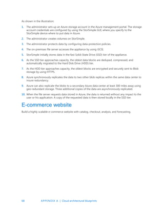 68 APPENDIX A | Cloud architectural blueprints
As shown in the illustration:
1. The administrator sets up an Azure storage account in the Azure management portal. The storage
account credentials are configured by using the StorSimple GUI, where you specify to the
StorSimple device where to put data in Azure.
2. The administrator creates volumes on StorSimple.
3. The administrator protects data by configuring data-protection policies.
4. The on-premises file server accesses the appliance by using iSCSI.
5. StorSimple initially stores data in the fast Solid-State Drive (SSD) tier of the appliance.
6. As the SSD tier approaches capacity, the oldest data blocks are deduped, compressed, and
automatically migrated to the Hard Disk Drive (HDD) tier.
7. As the HDD tier approaches capacity, the oldest blocks are encrypted and securely sent to Blob
storage by using HTTPS.
8. Azure synchronously replicates the data to two other blob replicas within the same data center to
insure redundancy.
9. Azure can also replicate the blobs to a secondary Azure data center at least 300 miles away using
geo-redundant storage. Three additional copies of the data are asynchronously replicated.
10. When the file server requests data stored in Azure, the data is returned without any impact to the
user or his application. A copy of the requested data is then stored locally in the SSD tier.
E-commerce website
Build a highly scalable e-commerce website with catalog, checkout, analysis, and forecasting.
 