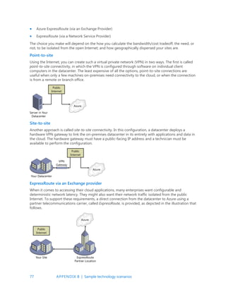 77 APPENDIX B | Sample technology scenarios
 Azure ExpressRoute (via an Exchange Provider)
 ExpressRoute (via a Network Service Provider)
The choice you make will depend on the how you calculate the bandwidth/cost tradeoff; the need, or
not, to be isolated from the open Internet; and how geographically dispersed your sites are.
Point-to-site
Using the Internet, you can create such a virtual private network (VPN) in two ways. The first is called
point-to-site connectivity, in which the VPN is configured through software on individual client
computers in the datacenter. The least expensive of all the options, point-to-site connections are
useful when only a few machines on-premises need connectivity to the cloud, or when the connection
is from a remote or branch office.
Site-to-site
Another approach is called site-to-site connectivity. In this configuration, a datacenter deploys a
hardware VPN gateway to link the on-premises datacenter in its entirety with applications and data in
the cloud. The hardware gateway must have a public-facing IP address and a technician must be
available to perform the configuration.
ExpressRoute via an Exchange provider
When it comes to accessing their cloud applications, many enterprises want configurable and
deterministic network latency. They might also want their network traffic isolated from the public
Internet. To support these requirements, a direct connection from the datacenter to Azure using a
partner telecommunications carrier, called ExpressRoute, is provided, as depicted in the illustration that
follows.
 