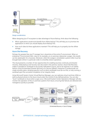 79 APPENDIX B | Sample technology scenarios
Design considerations
When designing your IT ecosystem to take advantage of Azure Backup, think about the following:
 Which applications would most benefit from offsite backup? This will help you to prioritize the
applications to which you should deploy Azure Backup first.
 How much data do these applications maintain? This will help you to properly size the offsite
storage.
Azure Site Recovery
Perhaps the greatest fear any IT manager has is downtime of the entire IT environment. When an
enterprise IT environment fails—due to, for example, an on-premises datacenter outage—the results
can be catastrophic for a business. Moreover, when the outage is remediated, systems often must be
brought back online in a particular order to smoothly restore operations.
The cloud presents a number of new opportunities for enabling business continuity and disaster
recovery. (Data backup and recovery was discussed in the previous section.) Azure Site Recovery
makes it possible for workloads to be quickly replicated to Azure, and to be restored in an orderly
fashion using Orchestrated Disaster Recovery as a Service (DRaaS). Enterprise IT professionals can
create recovery plans, dictating specifics such as which workloads must be run first, or only running a
workload upon the successful completion of an integrity check.
Using Microsoft System Center Virtual Machine Manager, you can replicate virtual machines (VMs) as
well as physical servers to the Azure cloud under the control of site-defined policies. You can also
“burst” workloads to Azure when surges occur. Microsoft System Center Operations Manager will also
monitor the operation of the on-premises systems from Azure, ensuring that failures are detected and
managed as quickly as possible.
 