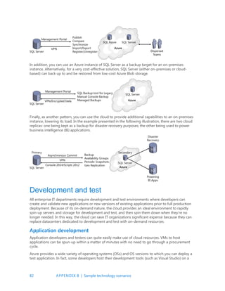 82 APPENDIX B | Sample technology scenarios
In addition, you can use an Azure instance of SQL Server as a backup target for an on-premises
instance. Alternatively, for a very cost-effective solution, SQL Server (either on-premises or cloud-
based) can back up to and be restored from low-cost Azure Blob storage.
Finally, as another pattern, you can use the cloud to provide additional capabilities to an on-premises
instance, lowering its load. In the example presented in the following illustration, there are two cloud
replicas: one being kept as a backup for disaster recovery purposes; the other being used to power
business intelligence (BI) applications.
Development and test
All enterprise IT departments require development and test environments where developers can
create and validate new applications or new versions of existing applications prior to full production
deployment. Because of its on-demand nature, the cloud provides an ideal environment to rapidly
spin-up servers and storage for development and test, and then spin them down when they’re no
longer needed. In this way, the cloud can save IT organizations significant expense because they can
replace datacenters dedicated to development and test with on-demand resources.
Application development
Application developers and testers can quite easily make use of cloud resources. VMs to host
applications can be spun-up within a matter of minutes with no need to go through a procurement
cycle.
Azure provides a wide variety of operating systems (OSs) and OS versions to which you can deploy a
test application. In fact, some developers host their development tools (such as Visual Studio) on a
 