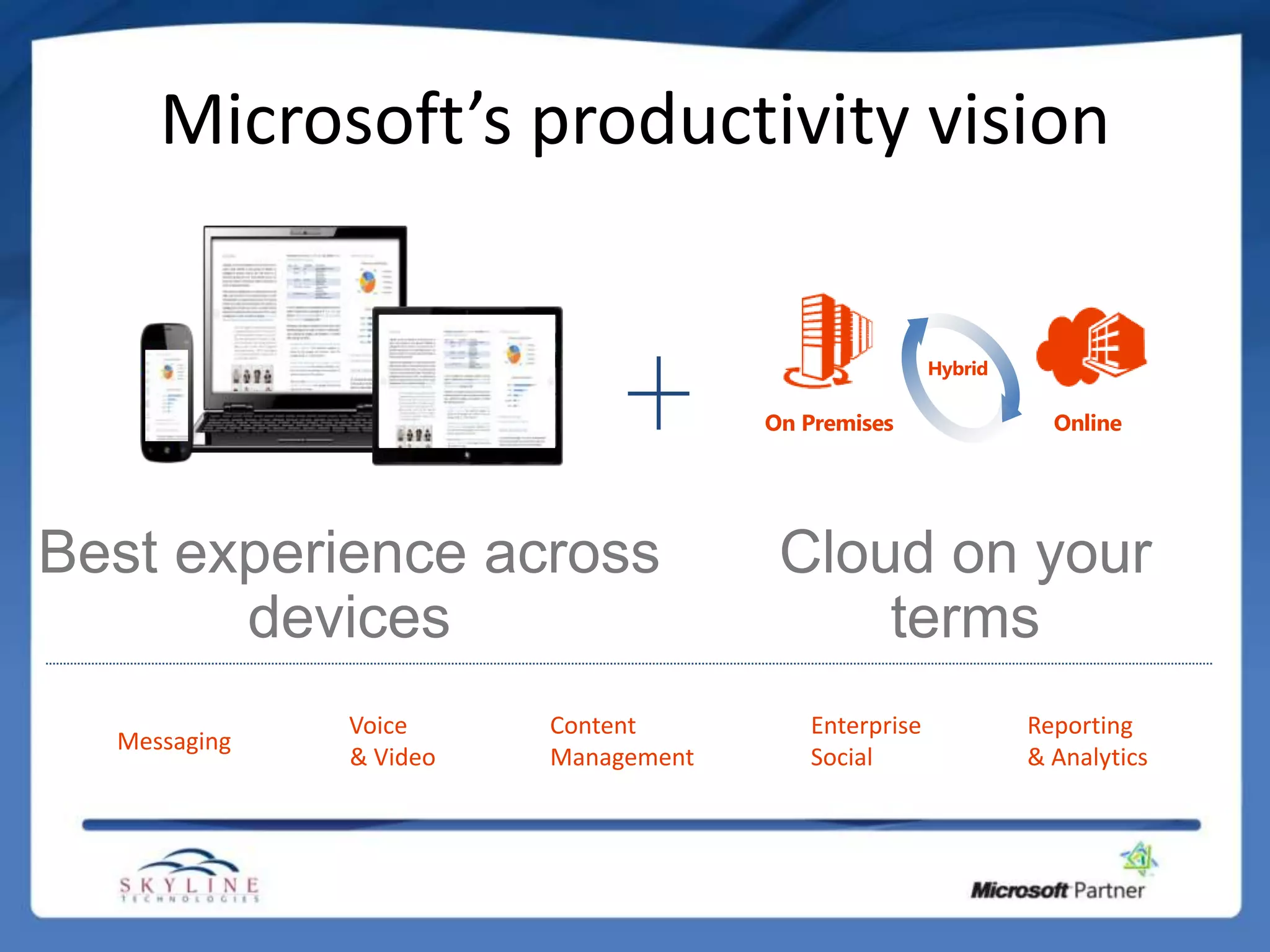 Microsoft’s productivity vision

                                                     Hybrid

                                     On Premises                Online




Best experience across                Cloud on your
       devices                            terms
              Voice     Content         Enterprise            Reporting
  Messaging
              & Video   Management      Social                & Analytics
 