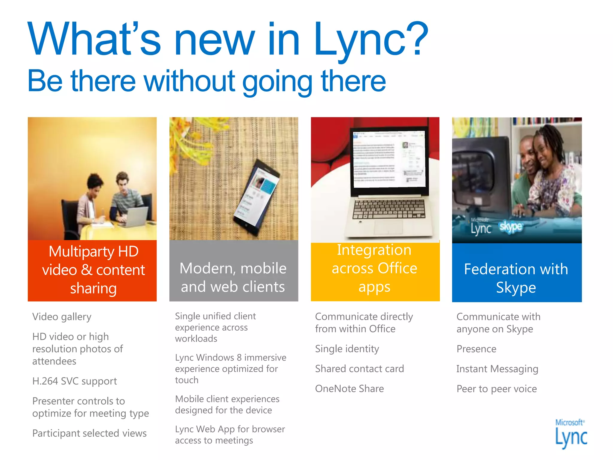 Video gallery                Single unified client       Communicate directly   Communicate with
                             experience across           from within Office     anyone on Skype
HD video or high             workloads
resolution photos of                                     Single identity        Presence
attendees                    Lync Windows 8 immersive
                             experience optimized for    Shared contact card    Instant Messaging
H.264 SVC support            touch
                                                         OneNote Share          Peer to peer voice
Presenter controls to        Mobile client experiences
optimize for meeting type    designed for the device

Participant selected views   Lync Web App for browser
                             access to meetings
 