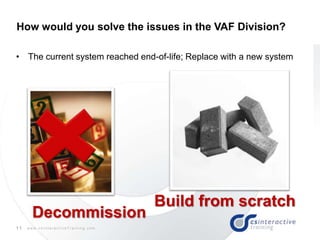 11 w w w . c s I n t e r a c t i v e T r a i n i n g . c o m
• The current system reached end-of-life; Replace with a new system
How would you solve the issues in the VAF Division?
Decommission
Build from scratch
 
