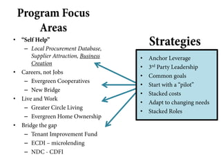 Program Focus
     Areas
• “Self Help”
   – Local Procurement Database,
                                          Strategies
      Supplier Attraction, Business   •   Anchor Leverage
      Creation
                                      •   3rd Party Leadership
• Careers, not Jobs
                                      •   Common goals
   – Evergreen Cooperatives
                                      •   Start with a “pilot”
   – New Bridge
                                      •   Stacked costs
• Live and Work
                                      •   Adapt to changing needs
   – Greater Circle Living
                                      •   Stacked Roles
   – Evergreen Home Ownership
• Bridge the gap
   – Tenant Improvement Fund
   – ECDI – microlending
   – NDC - CDFI
 