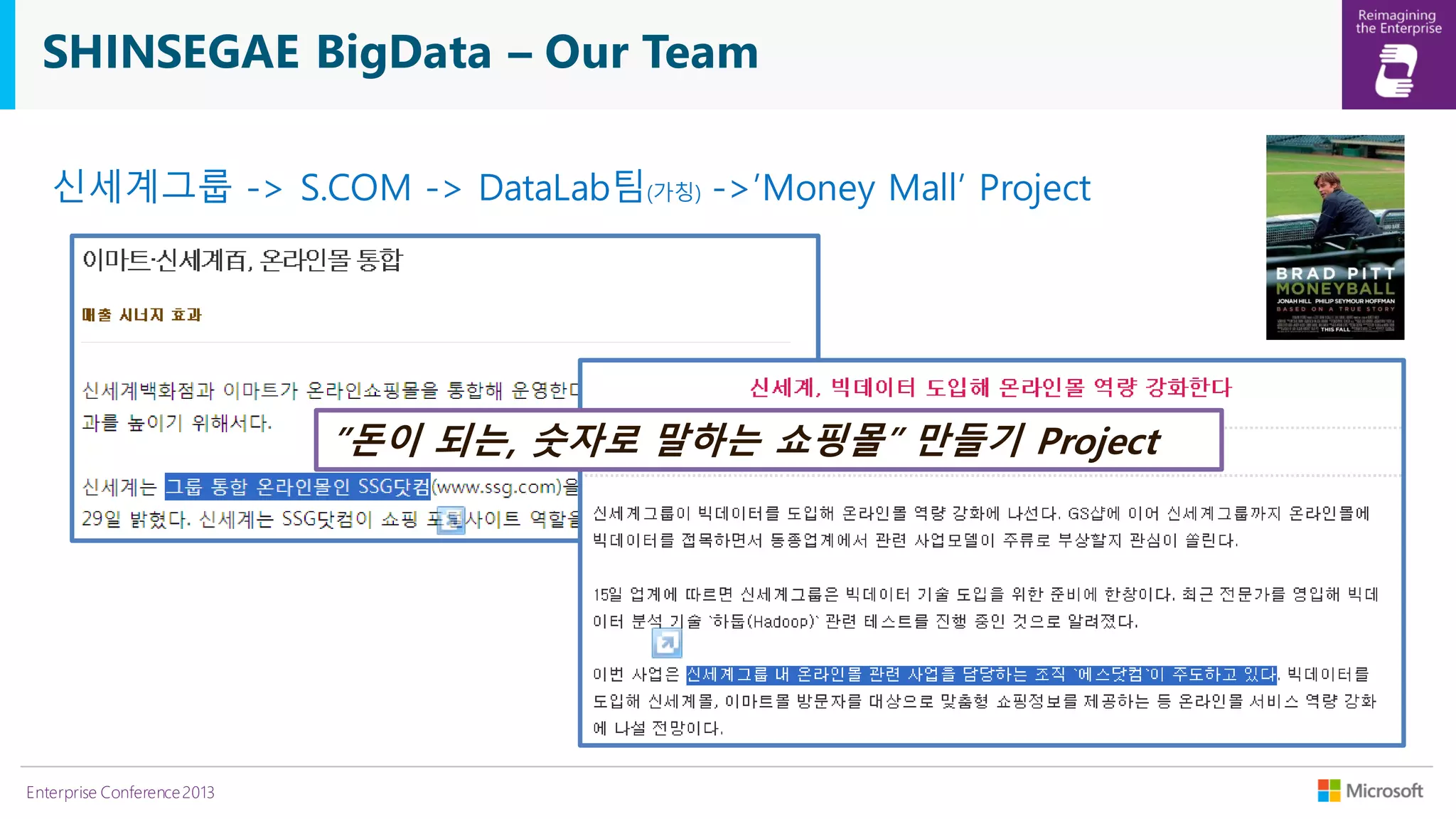 SHINSEGAE BigData – Our Team
신세계그룹 -> S.COM -> DataLab팀(가칭) ->’Money Mall’ Project

”돈이 되는, 숫자로 말하는 쇼핑몰” 만들기 Project

Enterprise Conference 2013

 