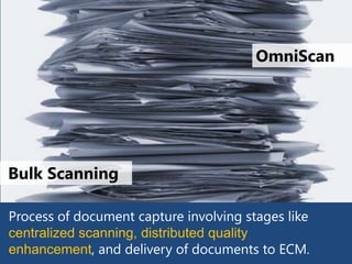 OmniScan




Bulk Scanning

Process of document capture involving stages like
centralized scanning, distributed quality
enhancement, and delivery of documents to ECM
 