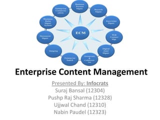 Enterprise Content Management
Presented By: Infocrats
Suraj Bansal (12304)
Pushp Raj Sharma (12328)
Ujjwal Chand (12310)
Nabin Paudel (12323)
 