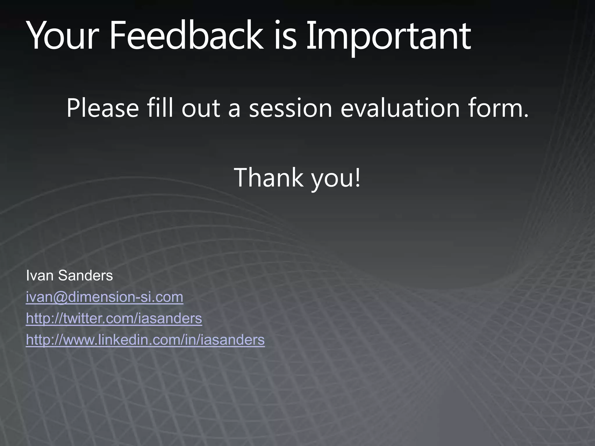 Ivan Sanders
ivan@dimension-si.com
http://twitter.com/iasanders
http://www.linkedin.com/in/iasanders
 