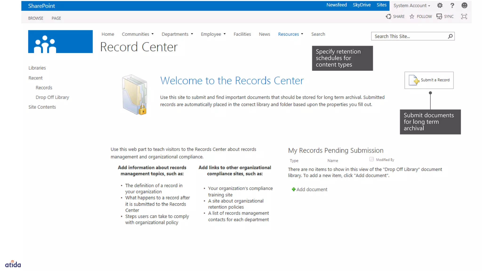 Specify retention
schedules for
content types
Submit documents
for long term
archival
 