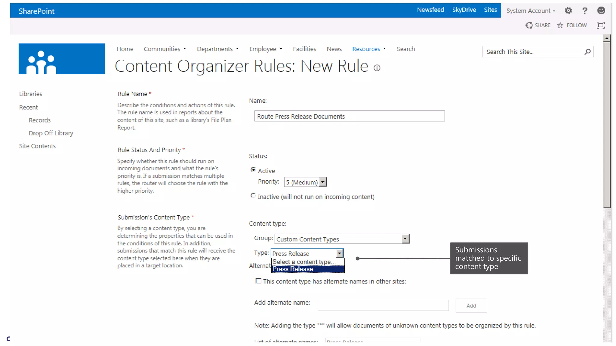 Submissions
matched to specific
content type
 