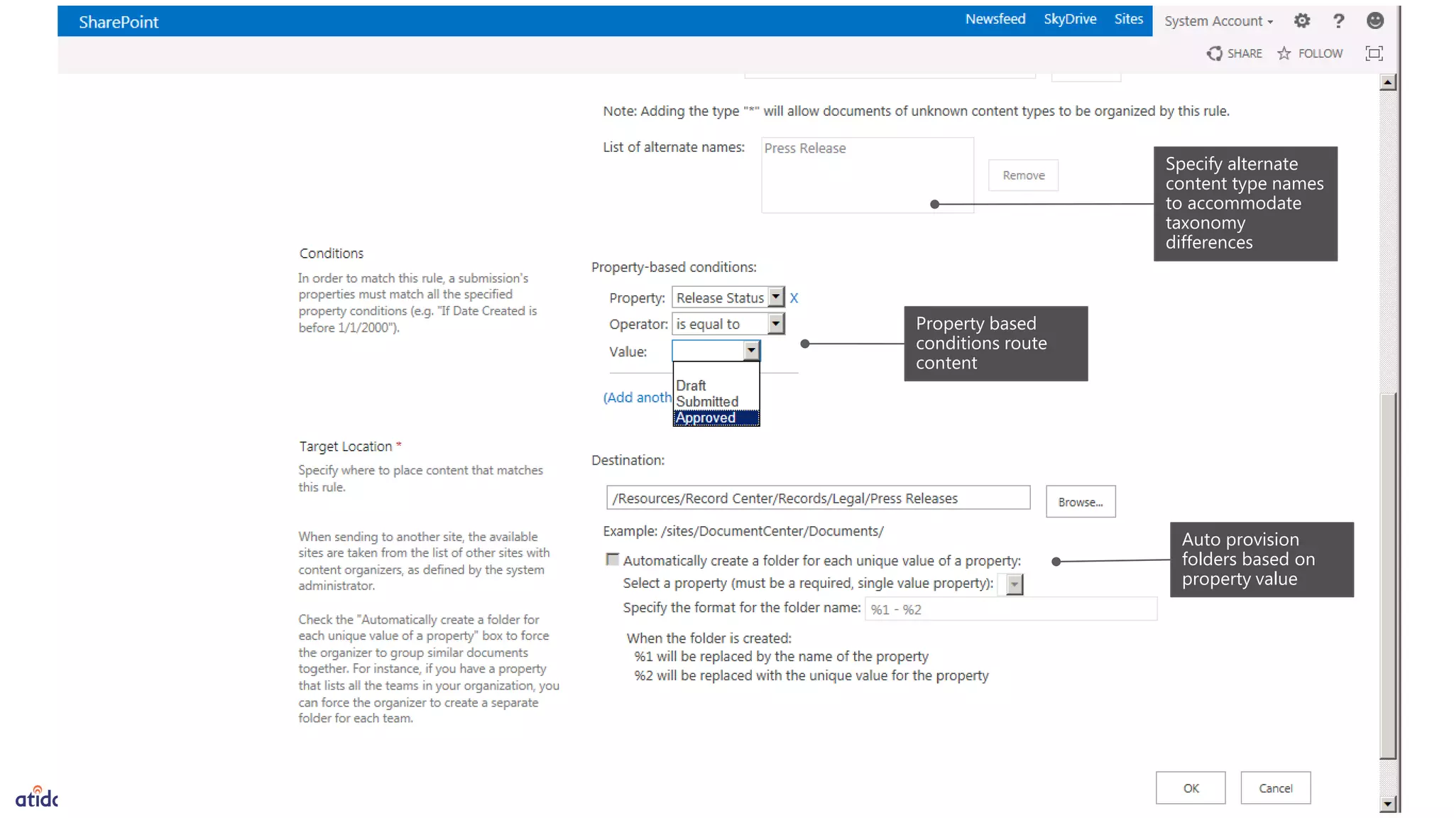 Specify alternate
content type names
to accommodate
taxonomy
differences
Property based
conditions route
content
Auto provision
folders based on
property value
 