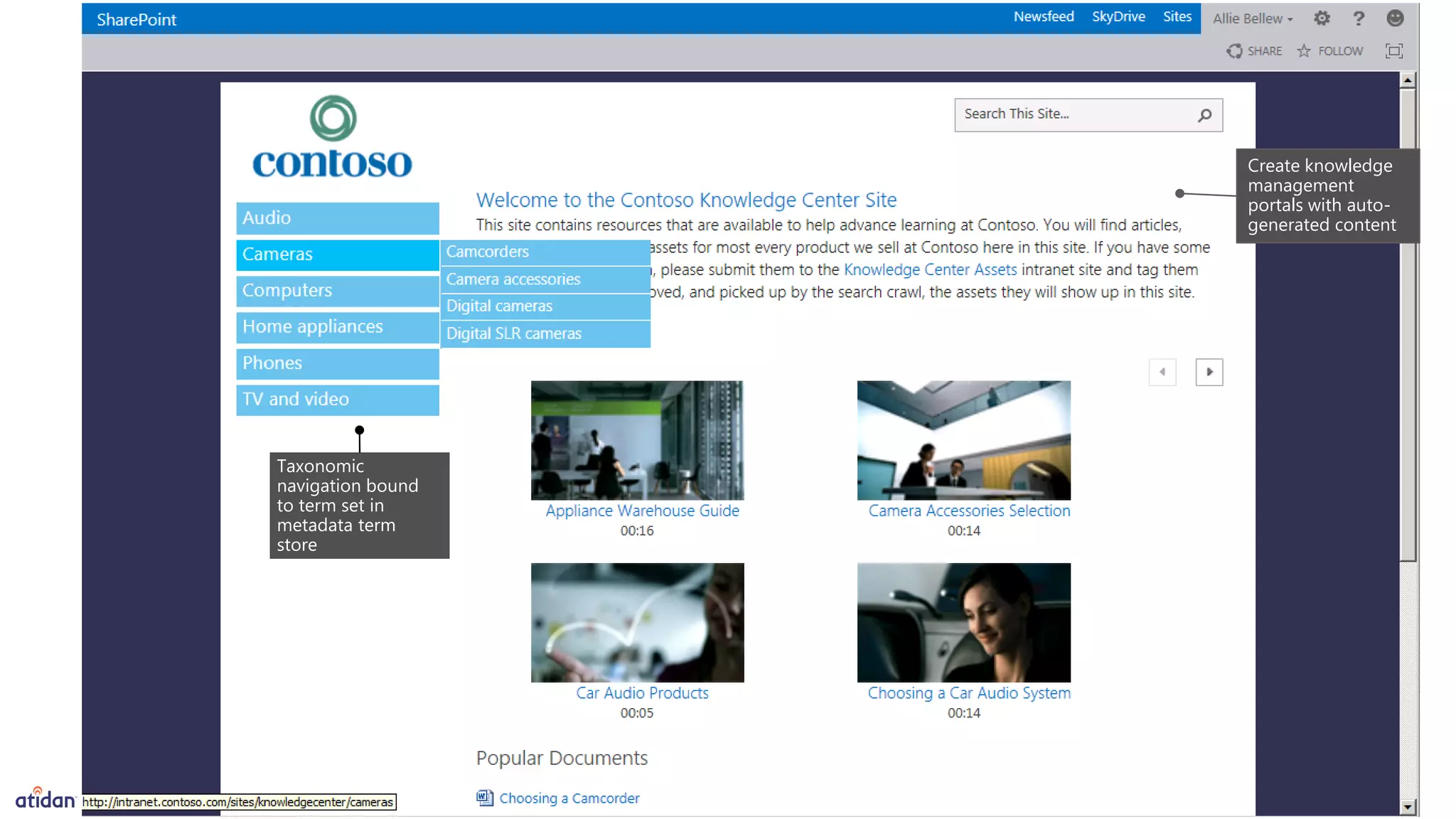 Taxonomic
navigation bound
to term set in
metadata term
store
Create knowledge
management
portals with auto-
generated content
 