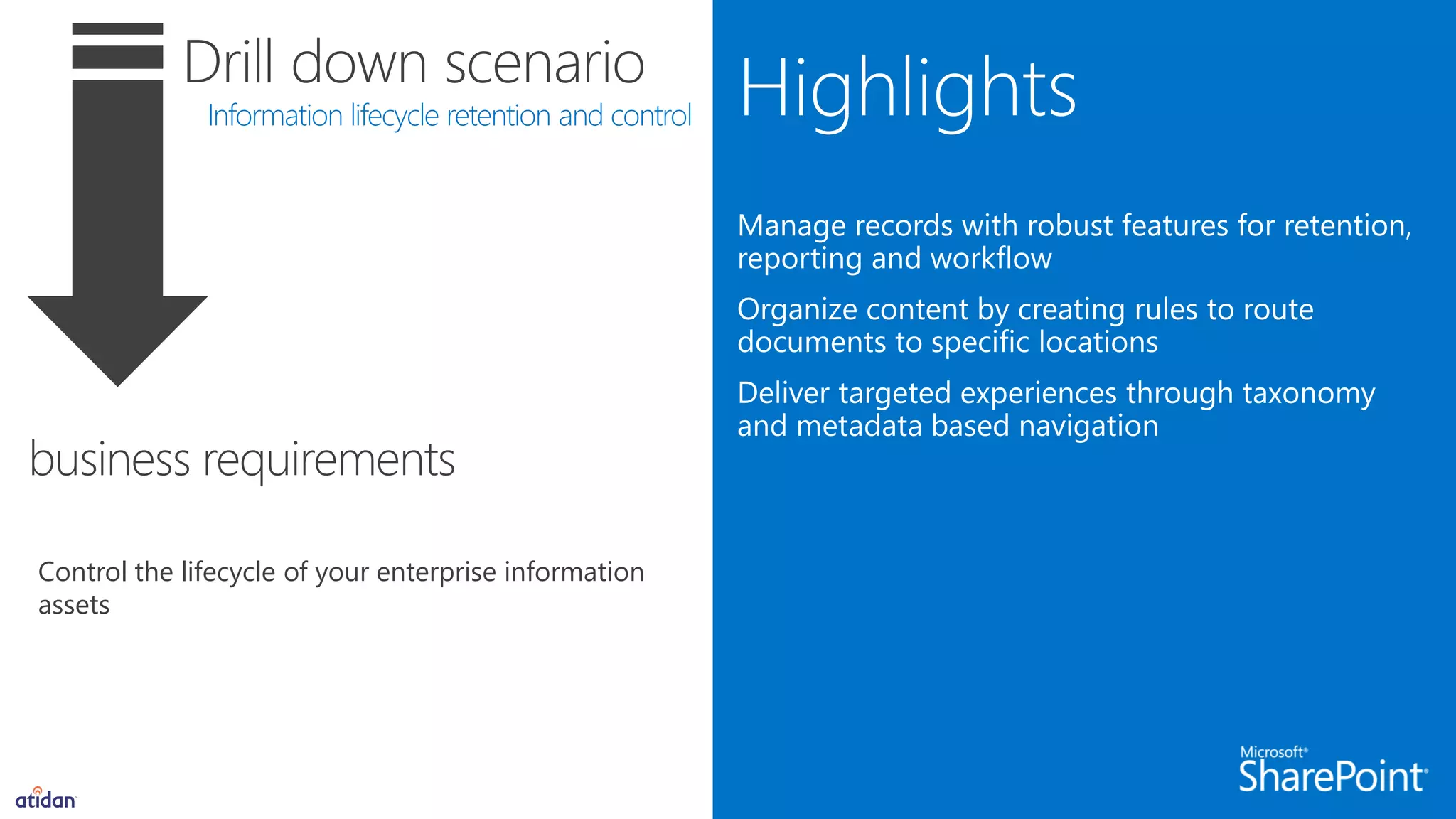 Drill down scenario
Information lifecycle retention and control
business requirements
Control the lifecycle of your enterprise information
assets
 