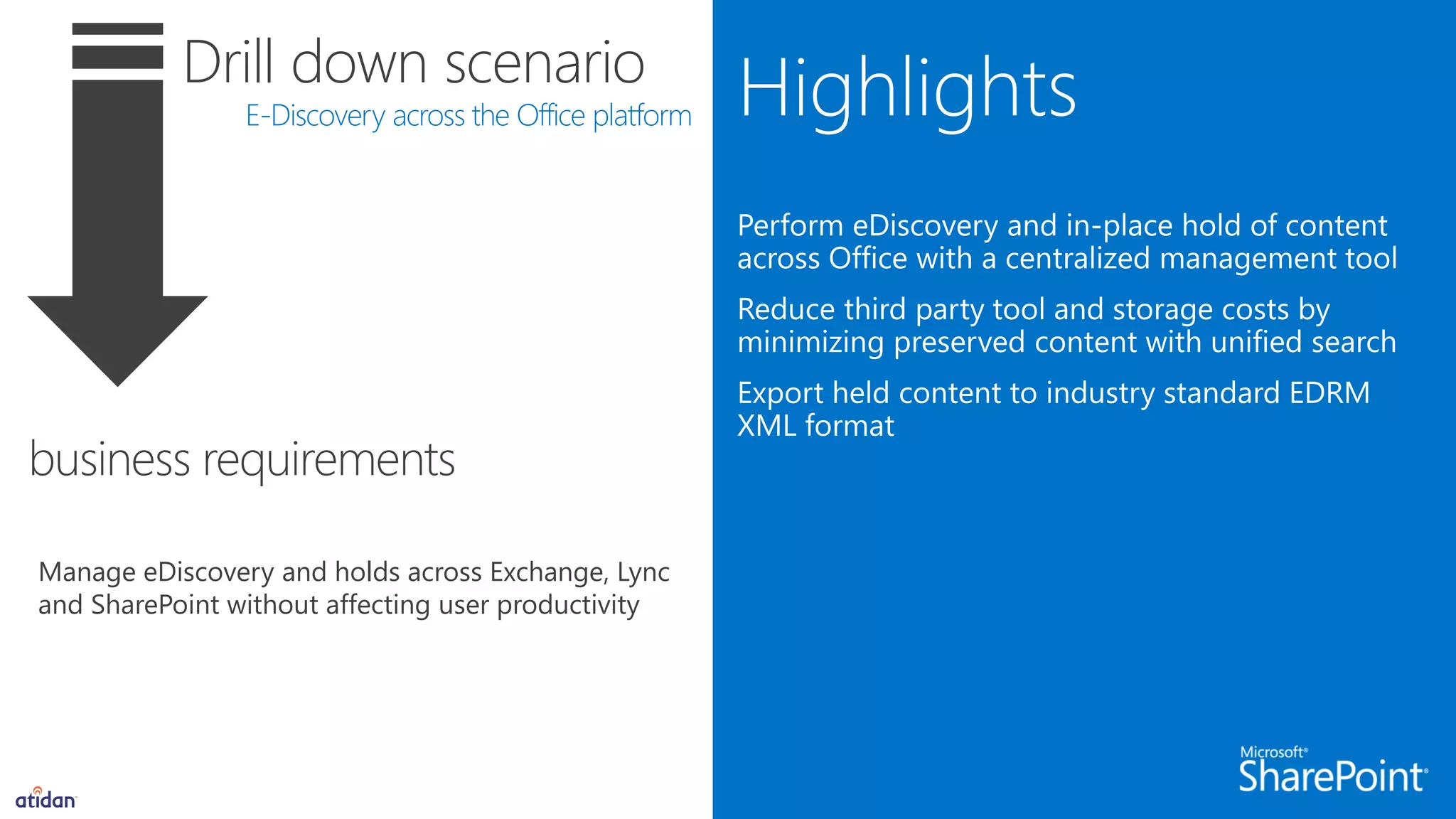 Drill down scenario
E-Discovery across the Office platform
business requirements
Manage eDiscovery and holds across Exchange, Lync
and SharePoint without affecting user productivity
 