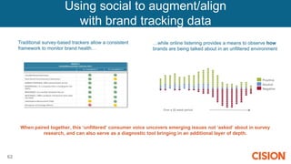 62
Using social to augment/align
with brand tracking data
Traditional survey-based trackers allow a consistent
framework to monitor brand health…
Positive
Neutral
Negative
Over a 20 week period
…while online listening provides a means to observe how
brands are being talked about in an unfiltered environment
When paired together, this ‘unfiltered’ consumer voice uncovers emerging issues not ‘asked’ about in survey
research, and can also serve as a diagnostic tool bringing in an additional layer of depth.
 
