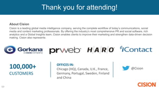 Thank you for attending!
About Cision
Cision is a leading global media intelligence company, serving the complete workflow of today’s communications, social
media and content marketing professionals. By offering the industry’s most comprehensive PR and social software, rich
analytics and a Global Insights team, Cision enables clients to improve their marketing and strengthen data-driven decision
making. Cision also represents:
69
100,000+
CUSTOMERS
@Cision
OFFICES IN:
Chicago (HQ), Canada, U.K., France,
Germany, Portugal, Sweden, Finland
and China
 