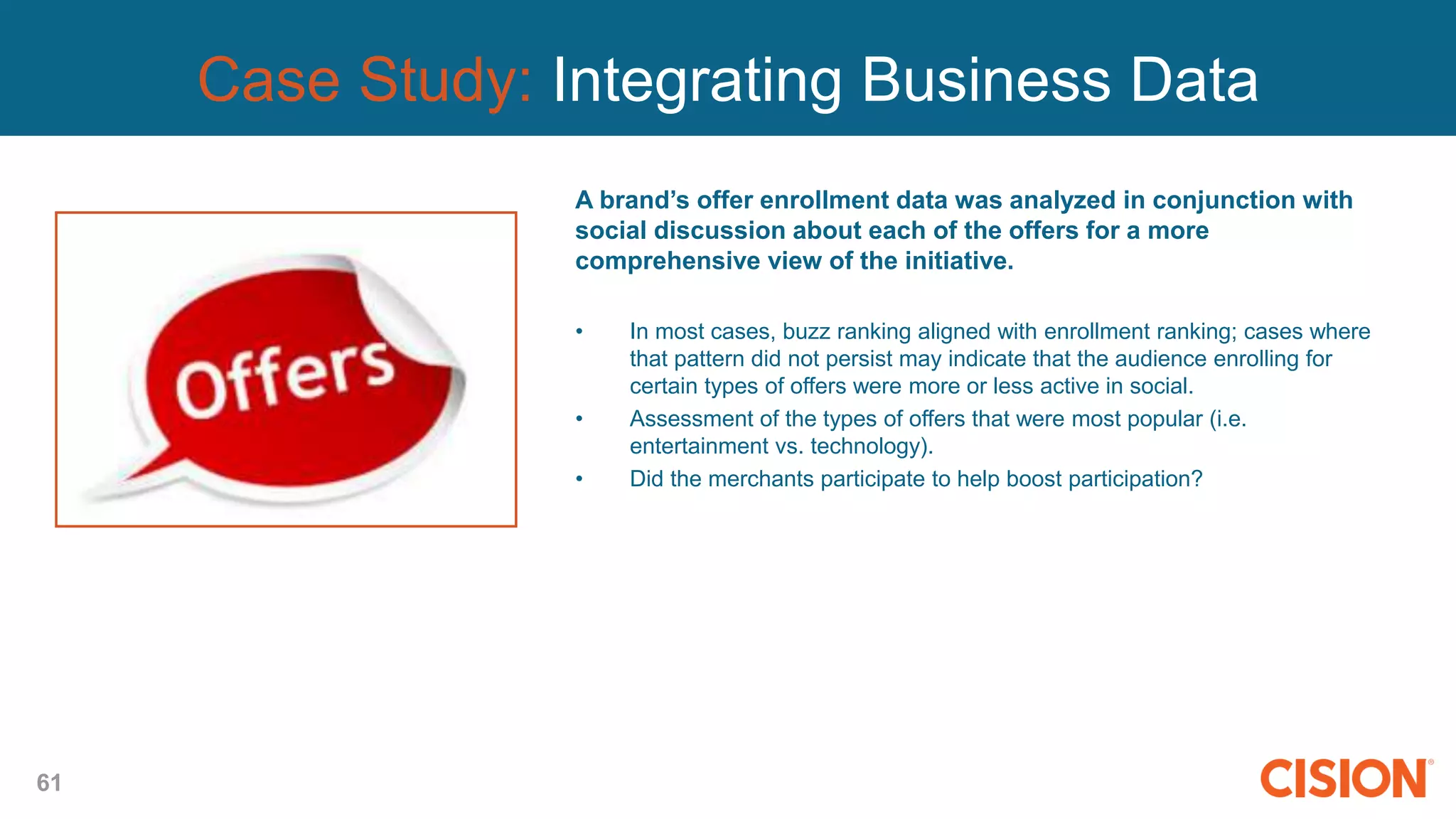61
Case Study: Integrating Business Data
A brand’s offer enrollment data was analyzed in conjunction with
social discussion about each of the offers for a more
comprehensive view of the initiative.
• In most cases, buzz ranking aligned with enrollment ranking; cases where
that pattern did not persist may indicate that the audience enrolling for
certain types of offers were more or less active in social.
• Assessment of the types of offers that were most popular (i.e.
entertainment vs. technology).
• Did the merchants participate to help boost participation?
 