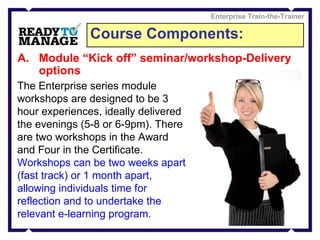 Course Components: Enterprise Train-the-Trainer Module “Kick off” seminar/workshop-Delivery options The Enterprise series module workshops are designed to be 3 hour experiences, ideally delivered the evenings (5-8 or 6-9pm). There are two workshops in the Award and Four in the Certificate. Workshops can be two weeks apart (fast track) or 1 month apart, allowing individuals time for reflection and to undertake the relevant e-learning program. 